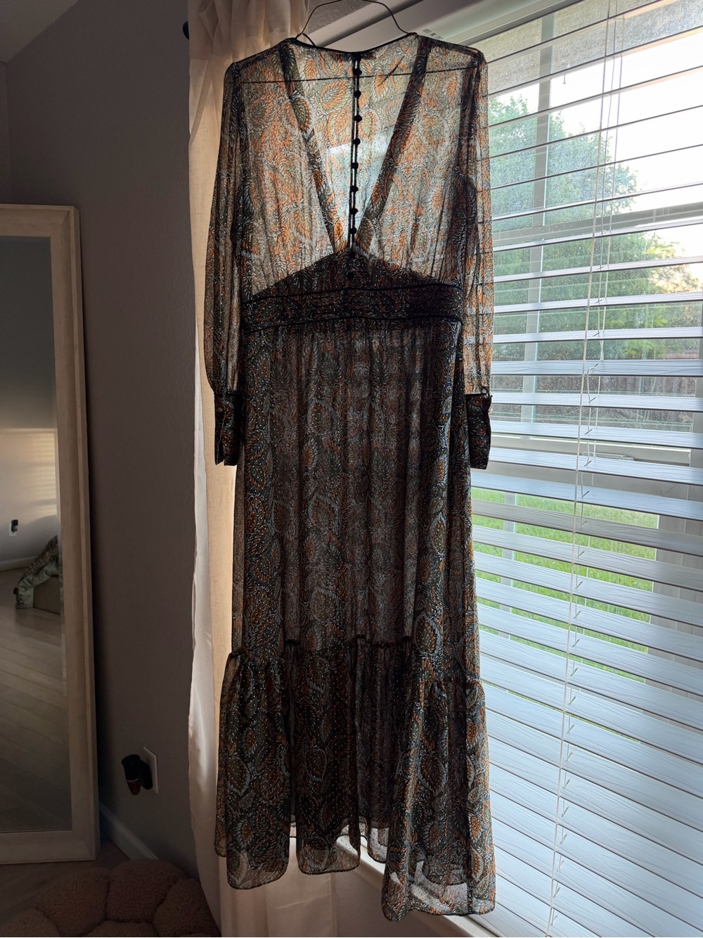 Zara Sheer Paisley Maxi Dress in Black and Brown with Orange Accents